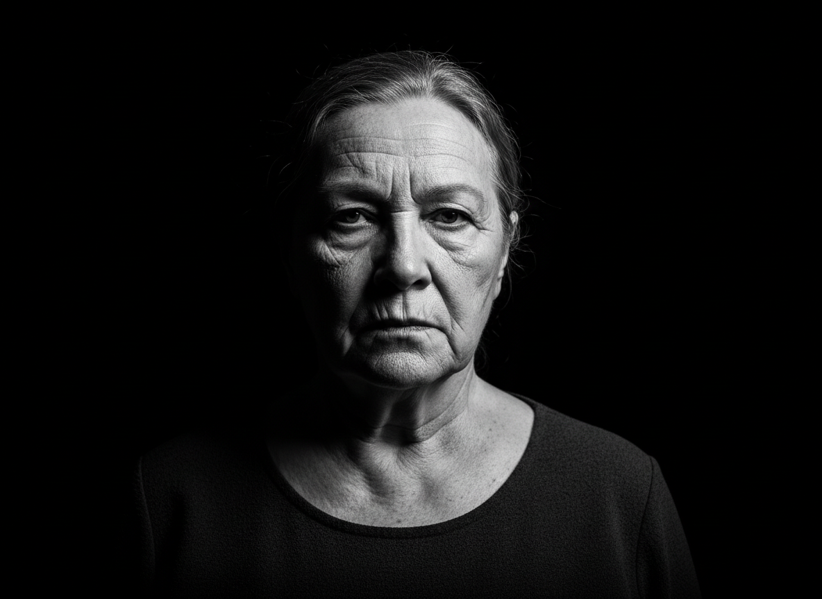 Dramatic black and white portrait with harsh shadows